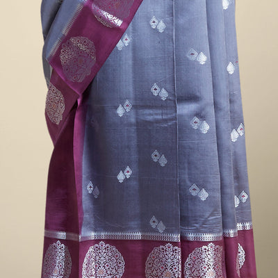 Grey  floral motifs dupion silk saree with contrast round floral motifs zari border Note: slight colour variation of product images due to digital photography or settings on your device