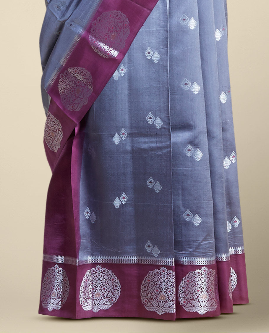 Grey  floral motifs dupion silk saree with contrast round floral motifs zari border Note: slight colour variation of product images due to digital photography or settings on your device