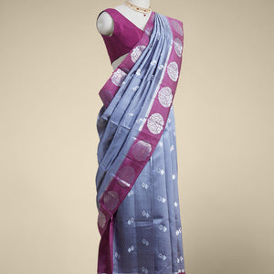 Grey  floral motifs dupion silk saree with contrast round floral motifs zari border Note: slight colour variation of product images due to digital photography or settings on your device