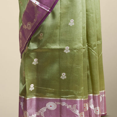 Green floral motifs dupion silk saree with contrast floral vine zari border