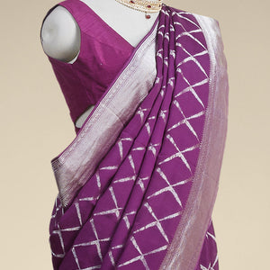 Purple checked mysore silk saree with contrast intricate zari design border