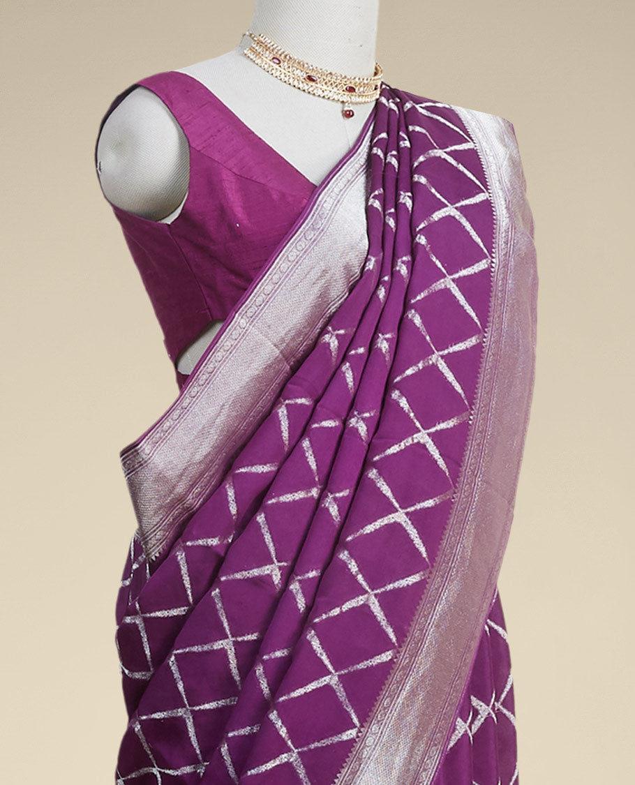 Purple checked mysore silk saree with contrast intricate zari design border