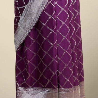 Purple checked mysore silk saree with contrast intricate zari design border