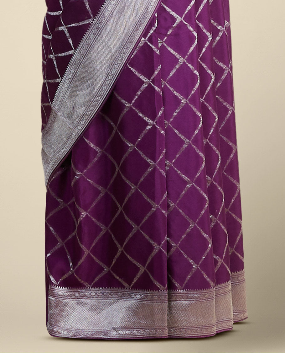 Purple checked mysore silk saree with contrast intricate zari design border