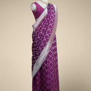 Purple checked mysore silk saree with contrast intricate zari design border