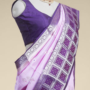 Lavender floral motifs banaras silk saree with contrast geometric, floral zari design border