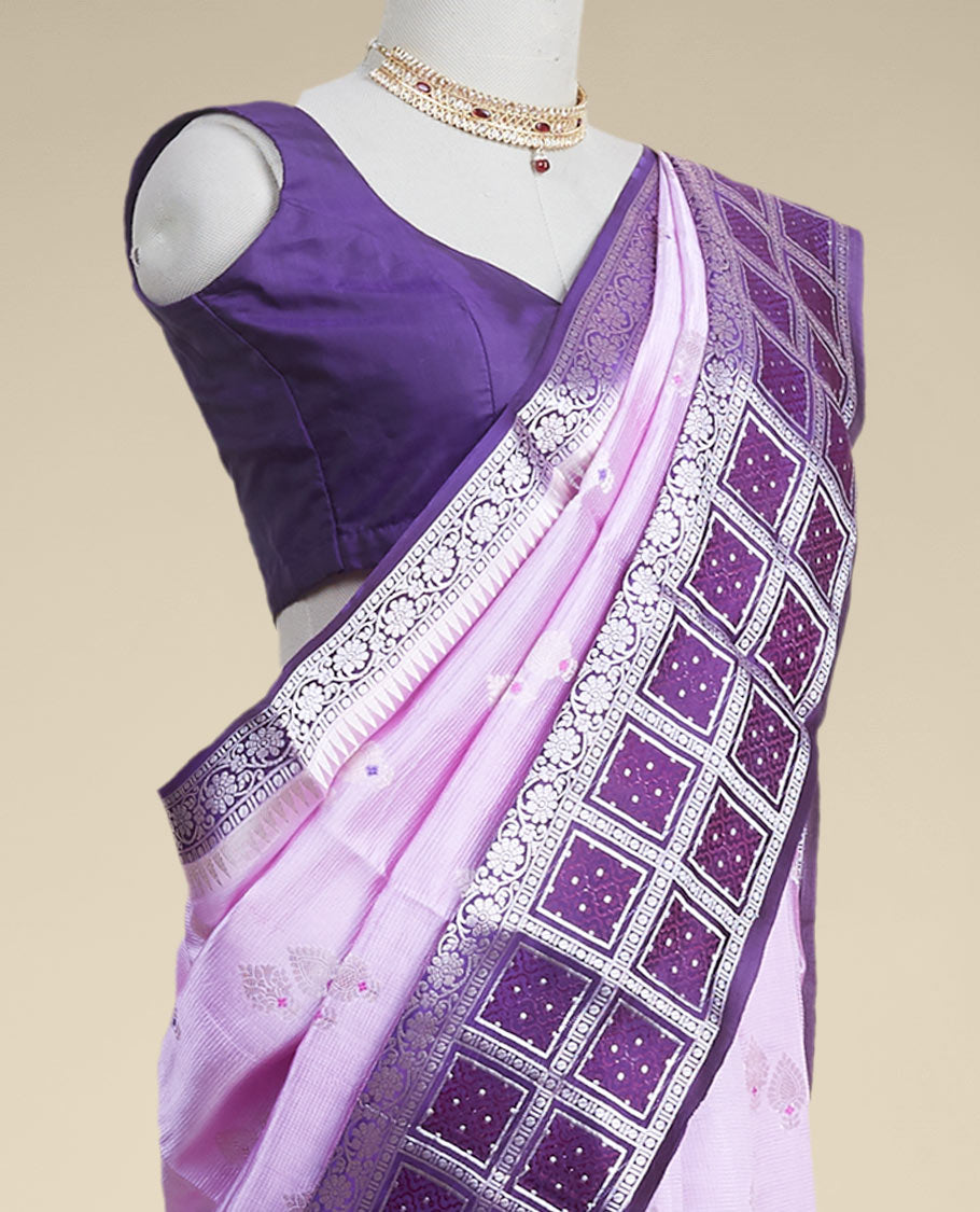 Lavender floral motifs banaras silk saree with contrast geometric, floral zari design border