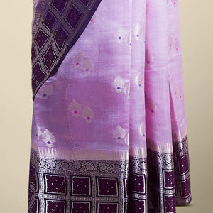 Lavender floral motifs banaras silk saree with contrast geometric, floral zari design border