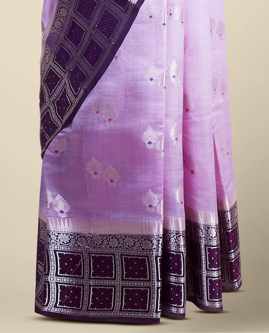 Lavender floral motifs banaras silk saree with contrast geometric, floral zari design border