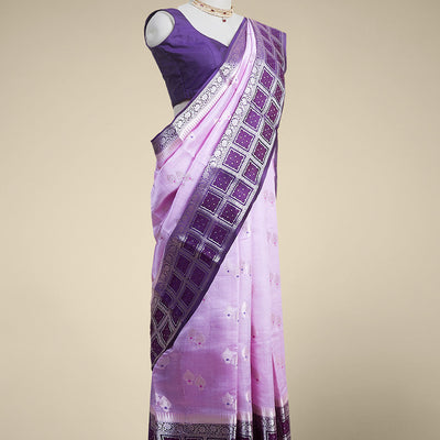 Lavender floral motifs banaras silk saree with contrast geometric, floral zari design border