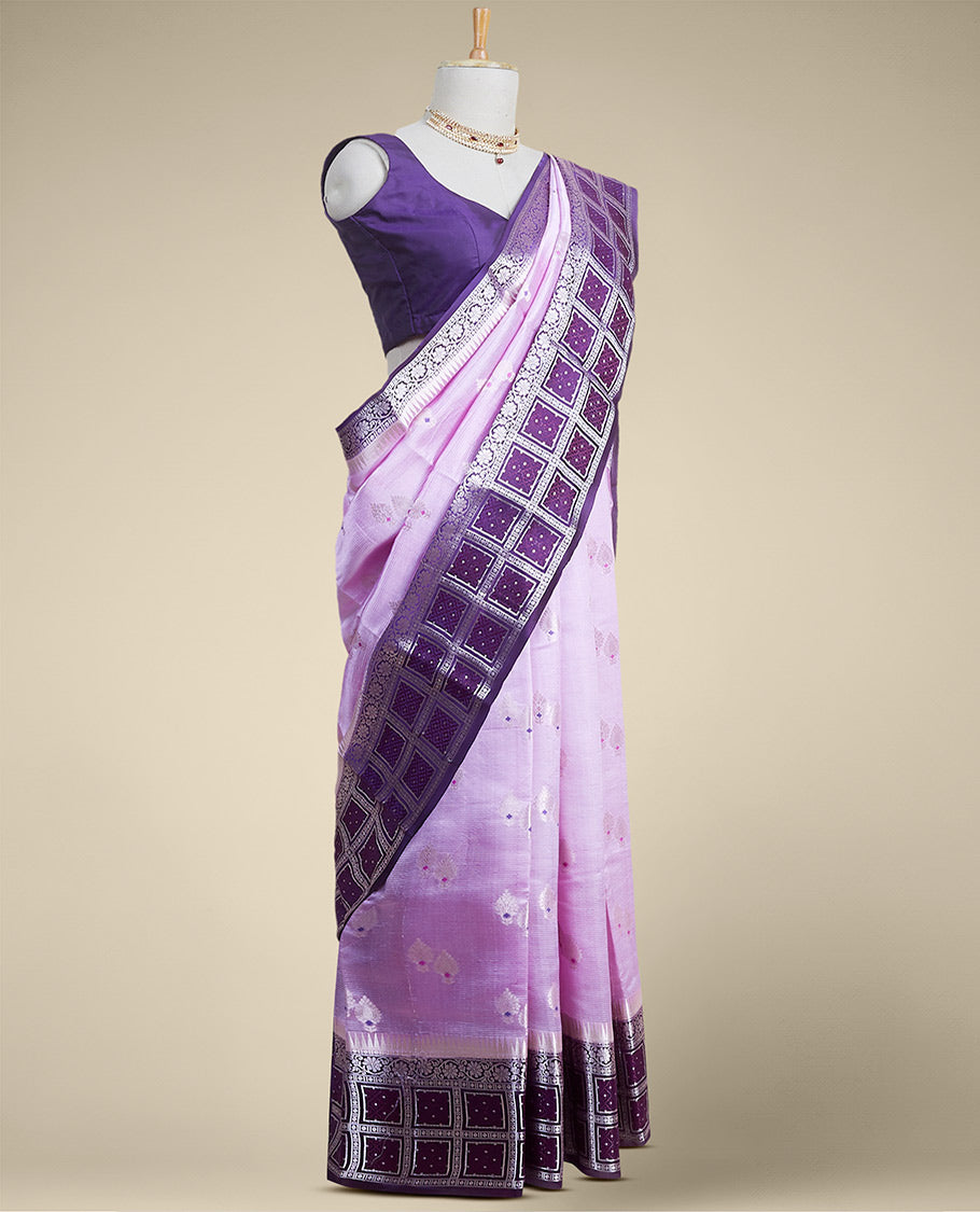Lavender floral motifs banaras silk saree with contrast geometric, floral zari design border