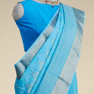 Blue checked mysore silk saree with self ogee pattern border