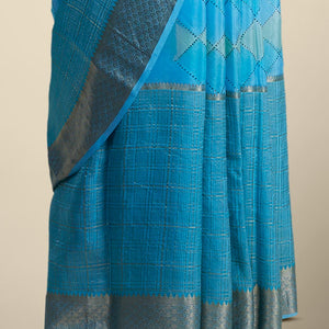 Blue checked mysore silk saree with self ogee pattern border