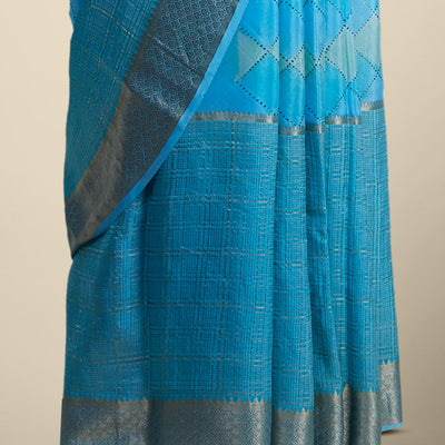 Blue checked mysore silk saree with self ogee pattern border