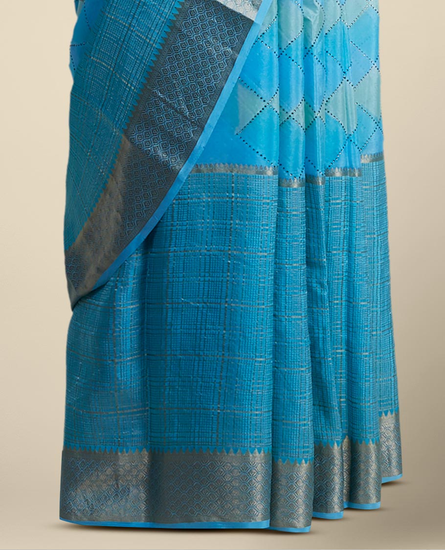 Blue checked mysore silk saree with self ogee pattern border