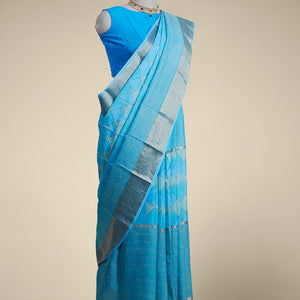 Blue checked mysore silk saree with self ogee pattern border