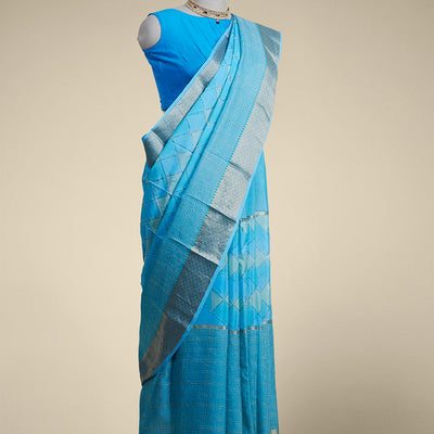 Blue checked mysore silk saree with self ogee pattern border
