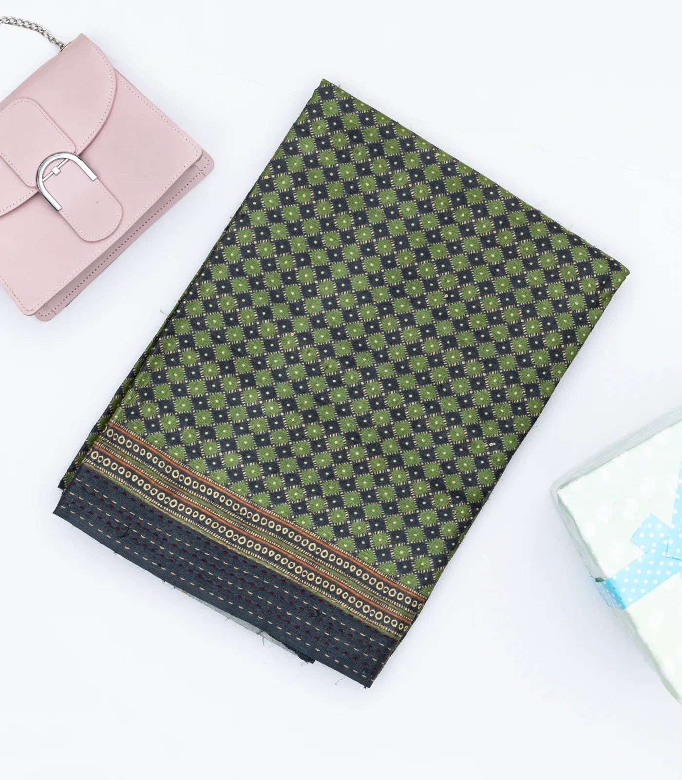 Green Handloom Tussar Silk Saree Printed With Checks