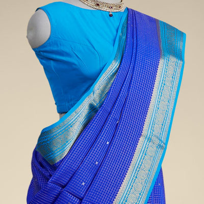 Blue checked with floral motifs mysore silk saree & traditional zari border