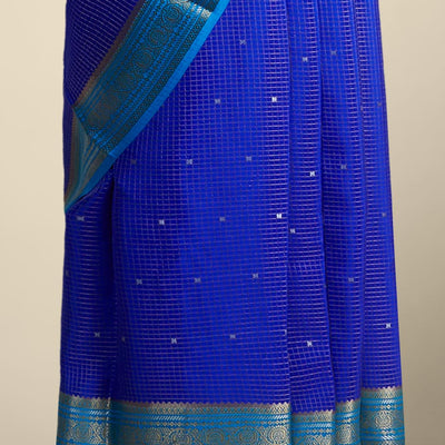 Blue checked with floral motifs mysore silk saree & traditional zari border