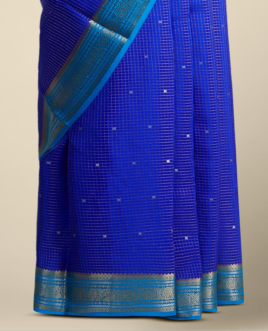 Blue checked with floral motifs mysore silk saree & traditional zari border