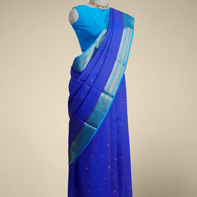 Blue checked with floral motifs mysore silk saree & traditional zari border