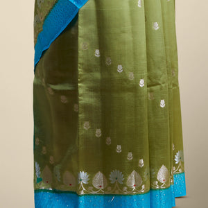 Green floral motifs dupio silk saree with contrast floral embroidery border