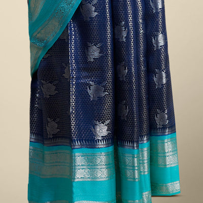 Blue checked with floral motifs dupion silk saree with traditional zari border