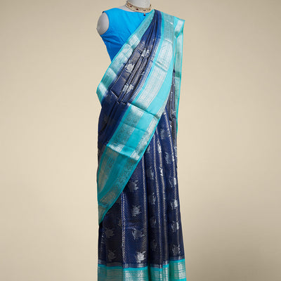 Blue checked with floral motifs dupion silk saree with traditional zari border