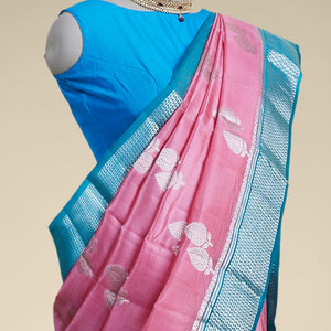 Pink leaf motifs dupion silk saree with intricate zari design border