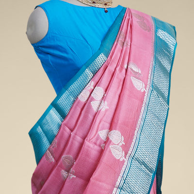 Pink leaf motifs dupion silk saree with intricate zari design border