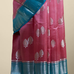 Pink leaf motifs dupion silk saree with intricate zari design border