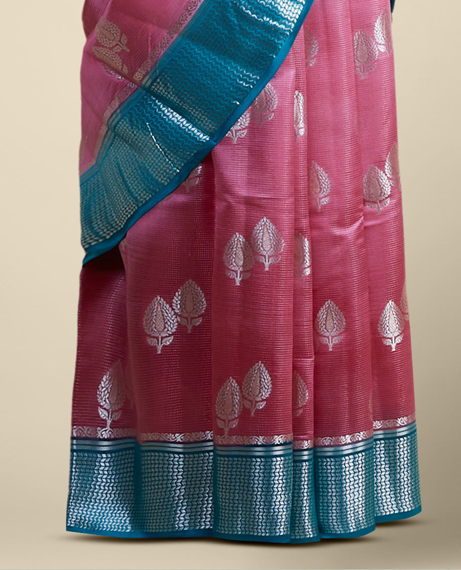Pink leaf motifs dupion silk saree with intricate zari design border