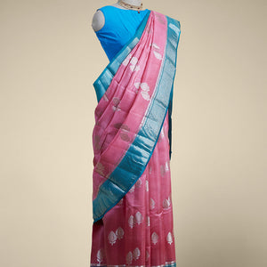 Pink leaf motifs dupion silk saree with intricate zari design border