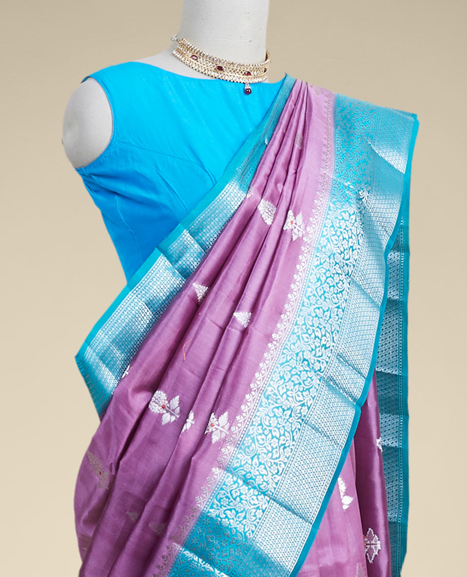 Purple leaf motifs dupion silk saree with intricate zari design border