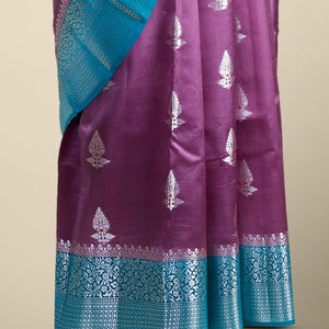 Purple leaf motifs dupion silk saree with intricate zari design border