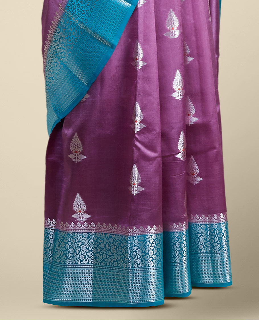 Purple leaf motifs dupion silk saree with intricate zari design border