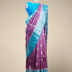 Purple leaf motifs dupion silk saree with intricate zari design border