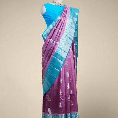 Purple leaf motifs dupion silk saree with intricate zari design border