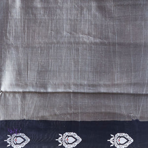 Black leaf motifs dupion silk saree with contrast striped floral zari design border