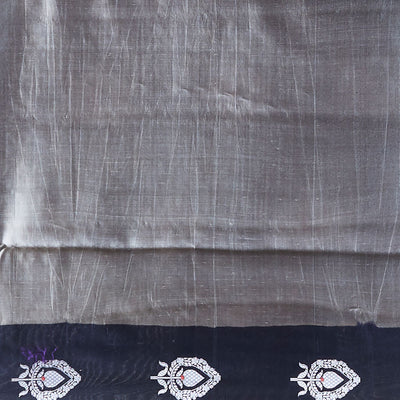 Black leaf motifs dupion silk saree with contrast striped floral zari design border