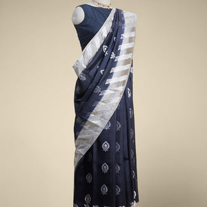 Black leaf motifs dupion silk saree with contrast striped floral zari design border