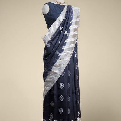 Black leaf motifs dupion silk saree with contrast striped floral zari design border