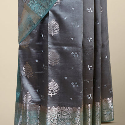 Gery floral motifs dupion silk saree with contrast intricate zari border