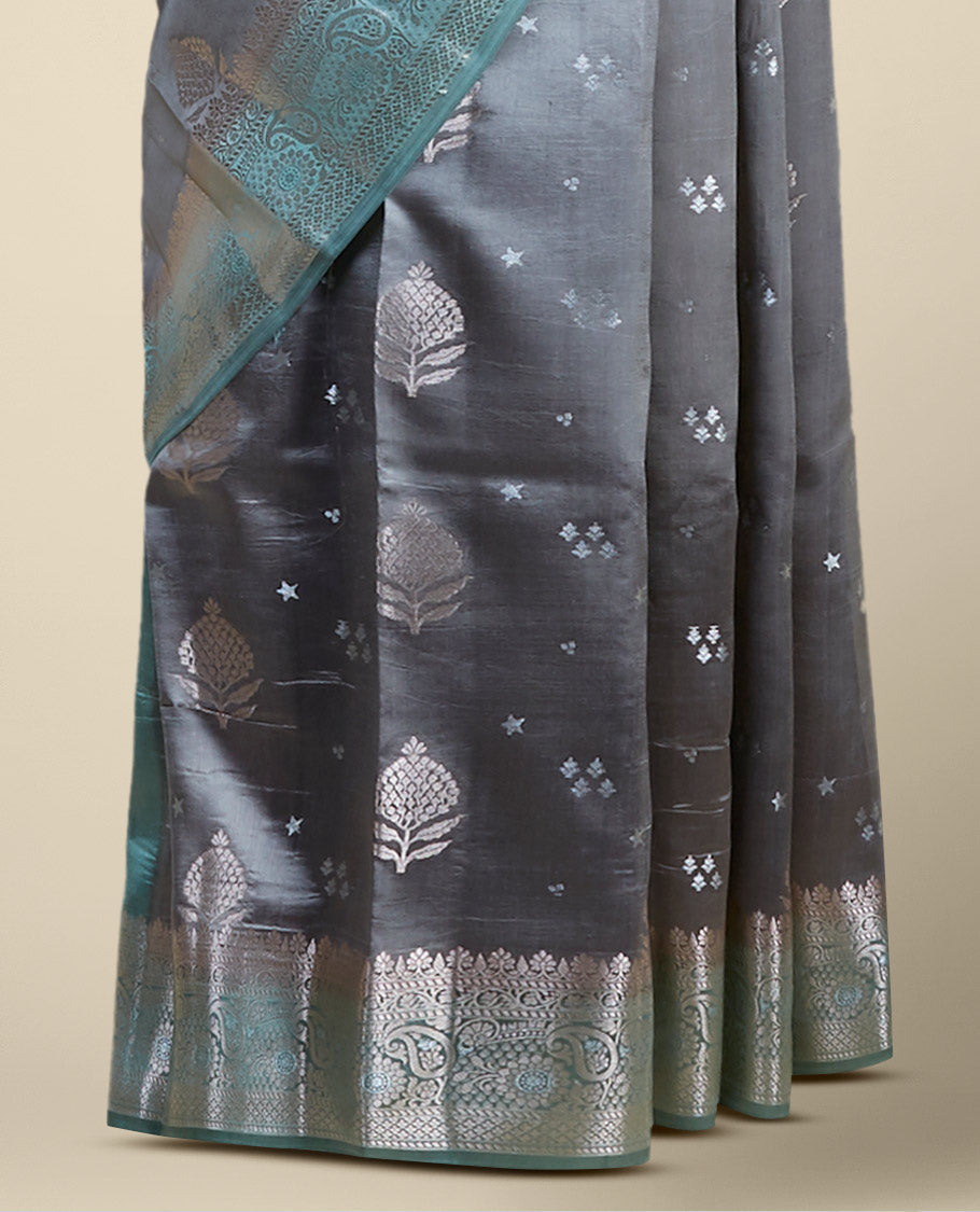 Gery floral motifs dupion silk saree with contrast intricate zari border