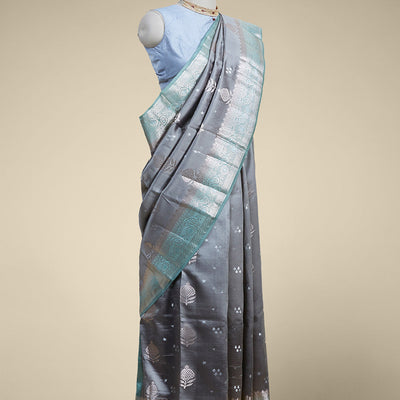 Gery floral motifs dupion silk saree with contrast intricate zari border