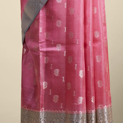 Pink checked with floral motifs dupion silk saree & contrast traditional zari border