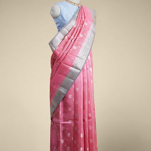 Pink checked with floral motifs dupion silk saree & contrast traditional zari border