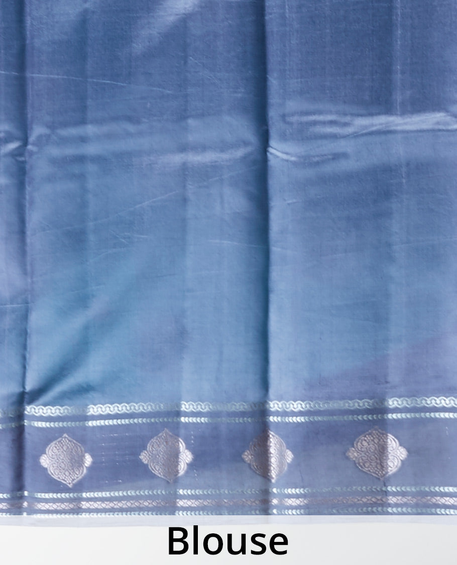 Blue floral motifs dupion silk saree with contast zari design border