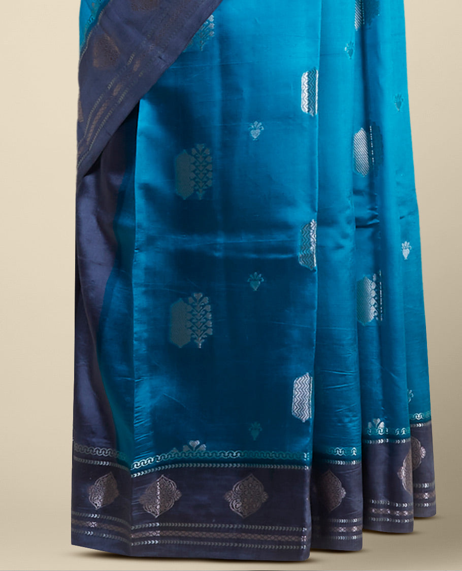 Blue floral motifs dupion silk saree with contast zari design border